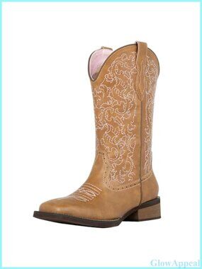 Wide Square Toe Mid Calf Western Cowboy Boots Faux Leather